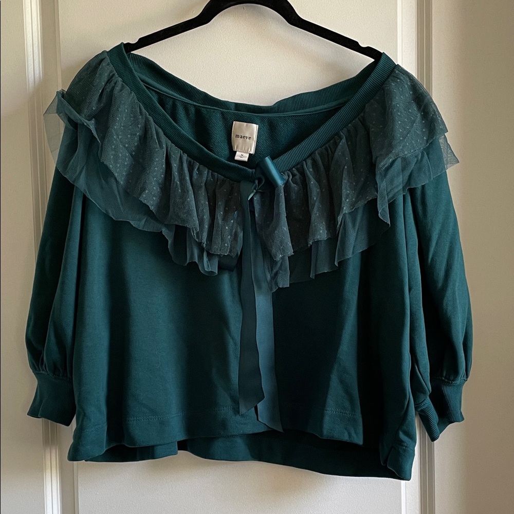 Maeve Anthropologie Teal Ruffle cropped oversized pullover top